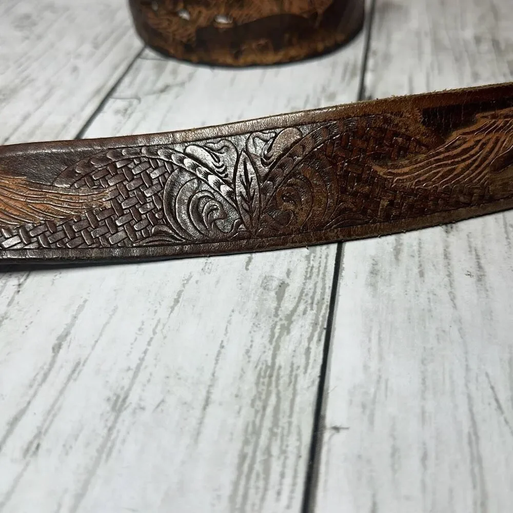Brazos Joes Belts Leather Eagle Belt Buckle Sz.30‎ Brown Ornate Belt